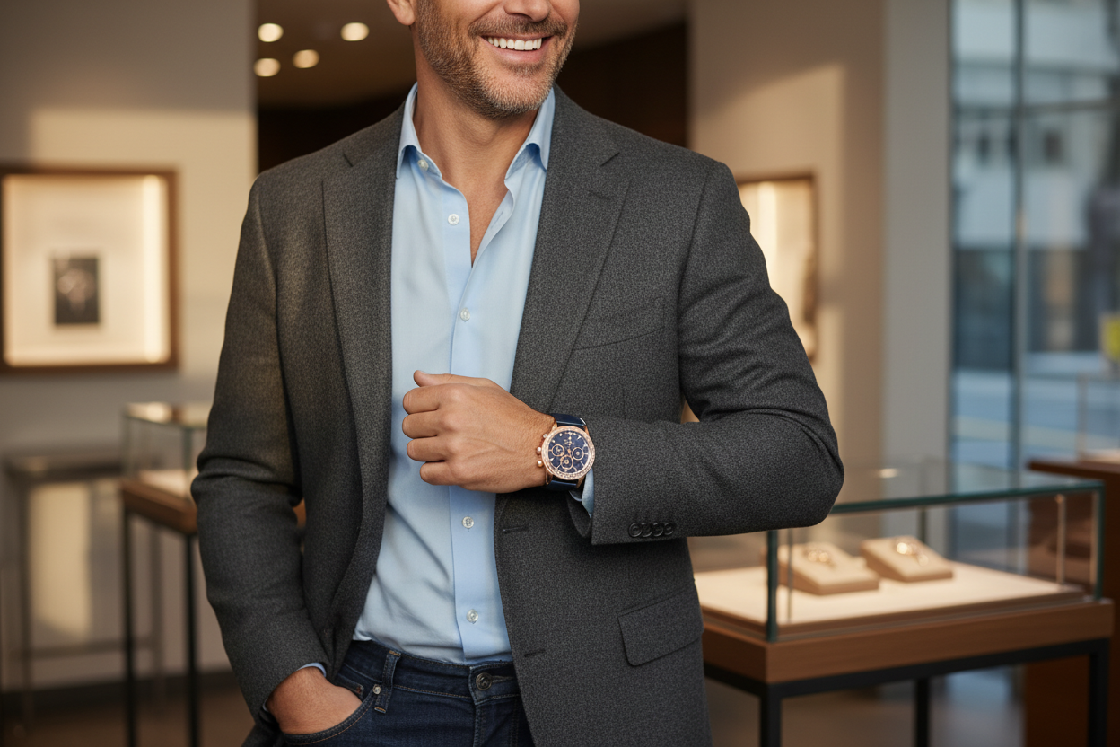 Men smiling wearing luxury watch